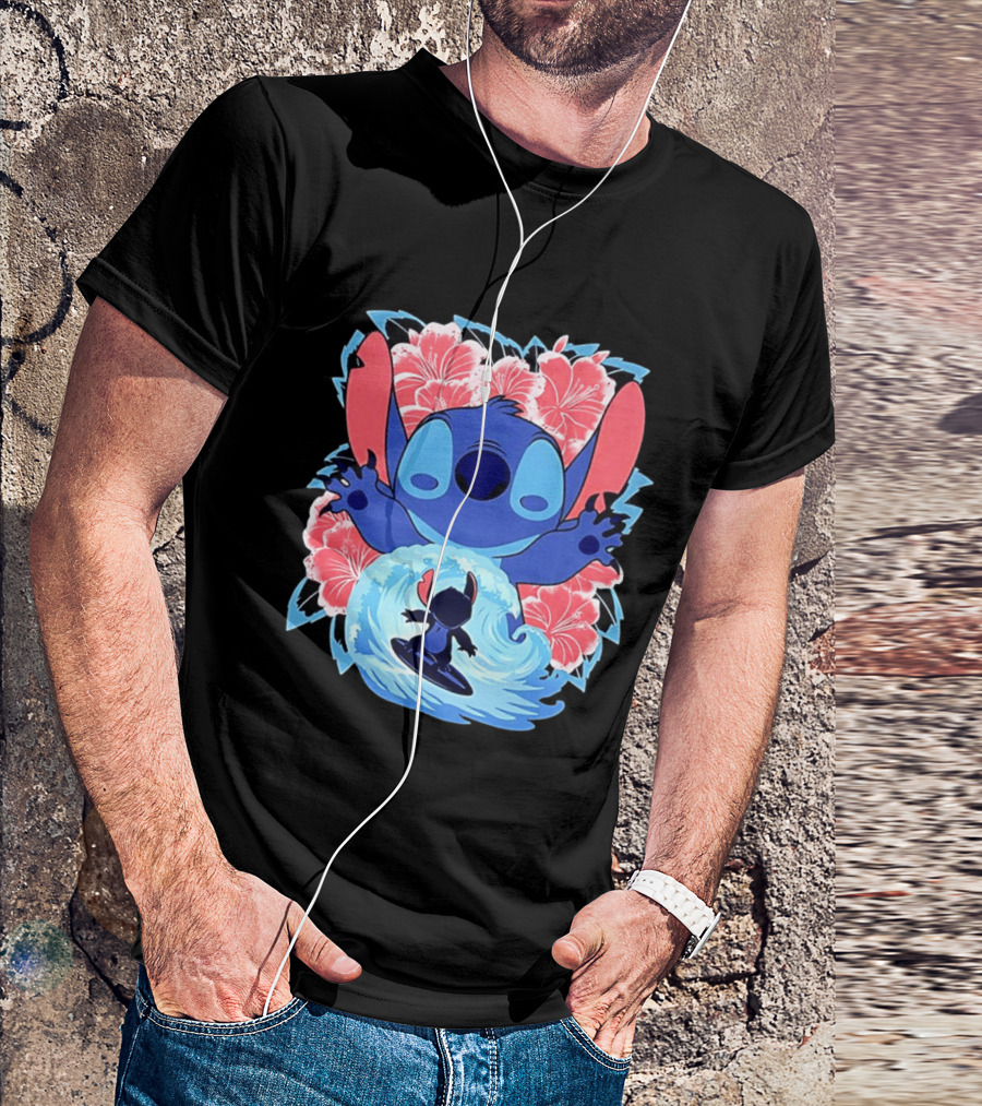 Lilo And Stitch Surfing Tropical Hibiscus Flowers T-Shirt