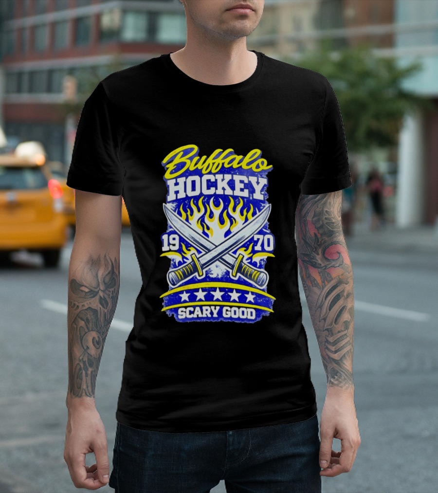 Buffalo Hockey 1970 Scary Good Crossed Swords Flames T-Shirt