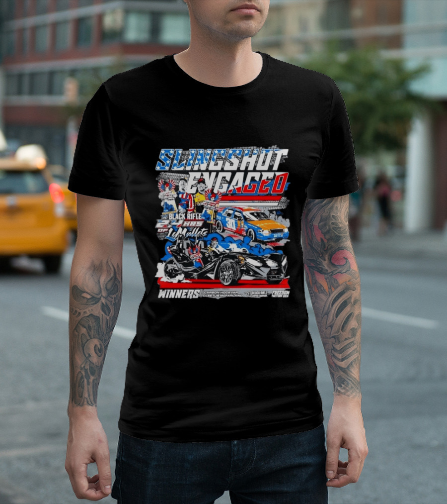 Slingshot Engaged Winners Carson Hocevar Cletus McFarland Black Rifle Freedom Factory 2.4 Hours Of Le Mullets T-Shirt