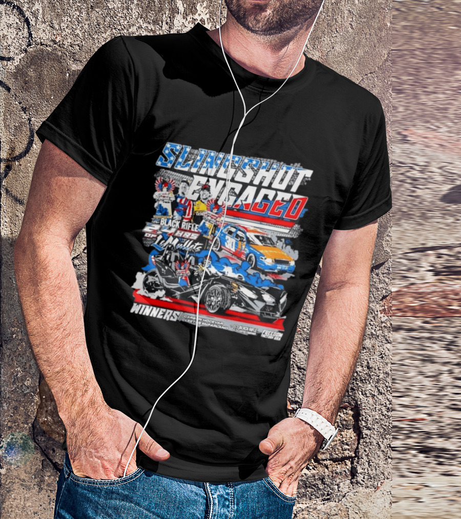 Slingshot Engaged Winners Carson Hocevar Cletus McFarland Black Rifle Freedom Factory 2.4 Hours Of Le Mullets T-Shirt
