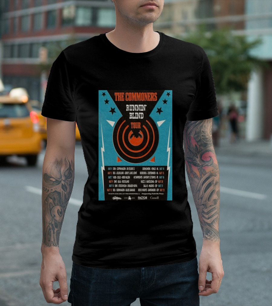 The Commoners Runnin Blind Tour 2026 Europe Dates Copenhagen Oslo Barcelona Madrid T-Shirt