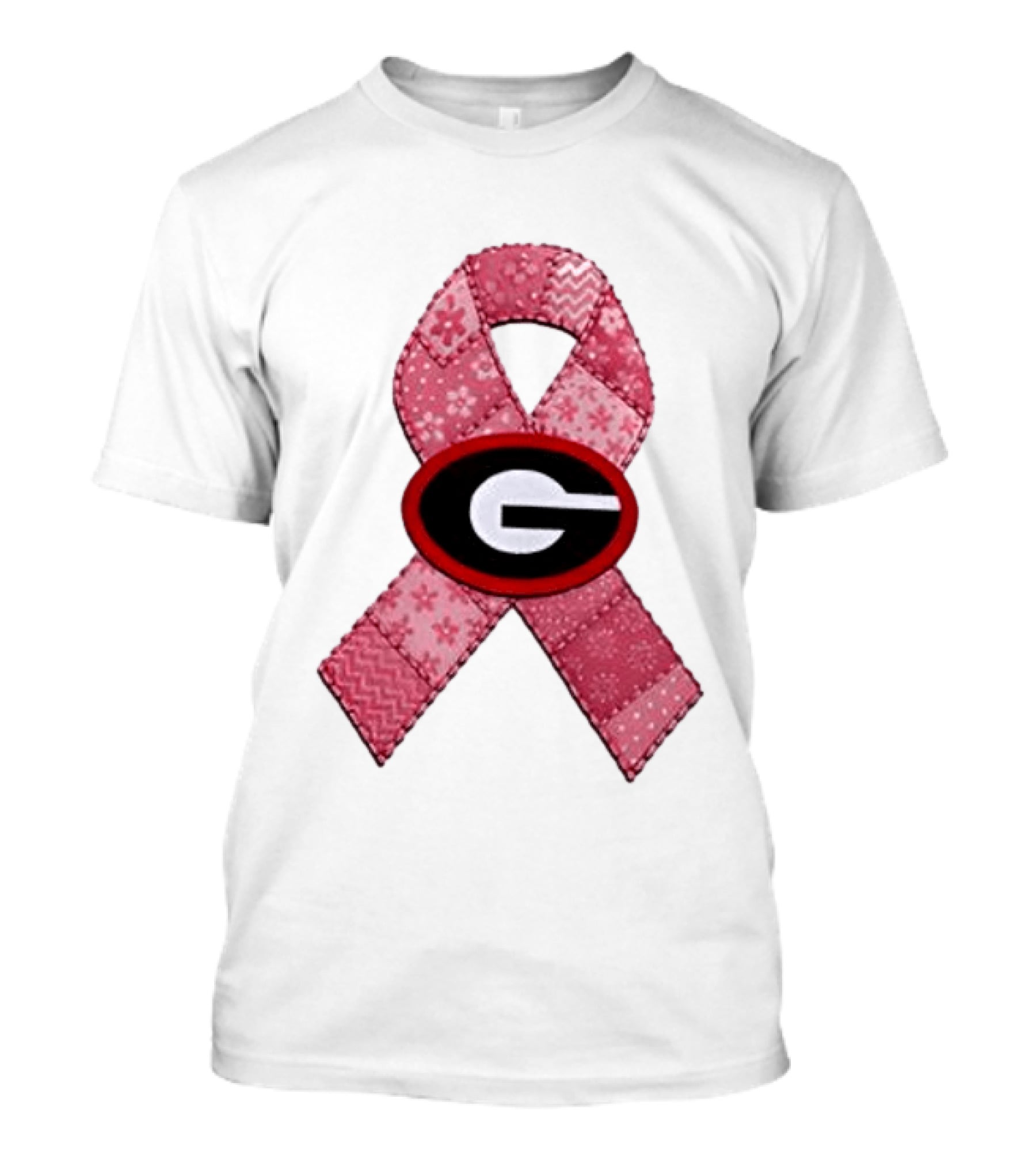 Georgia Bulldogs Patchwork Pink Ribbon Breast Cancer Awareness T-Shirt