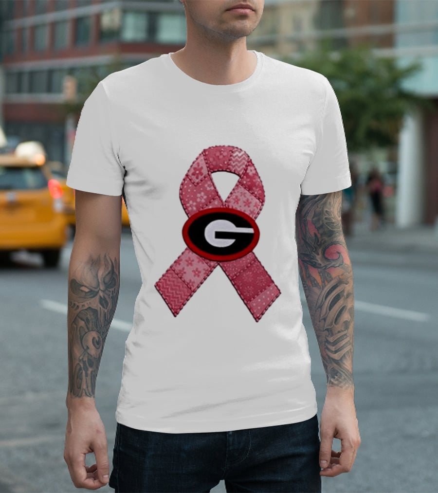 Georgia Bulldogs Patchwork Pink Ribbon Breast Cancer Awareness T-Shirt