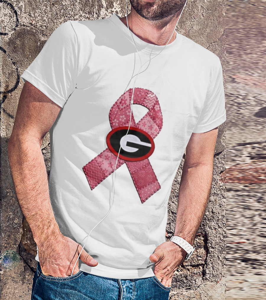 Georgia Bulldogs Patchwork Pink Ribbon Breast Cancer Awareness T-Shirt