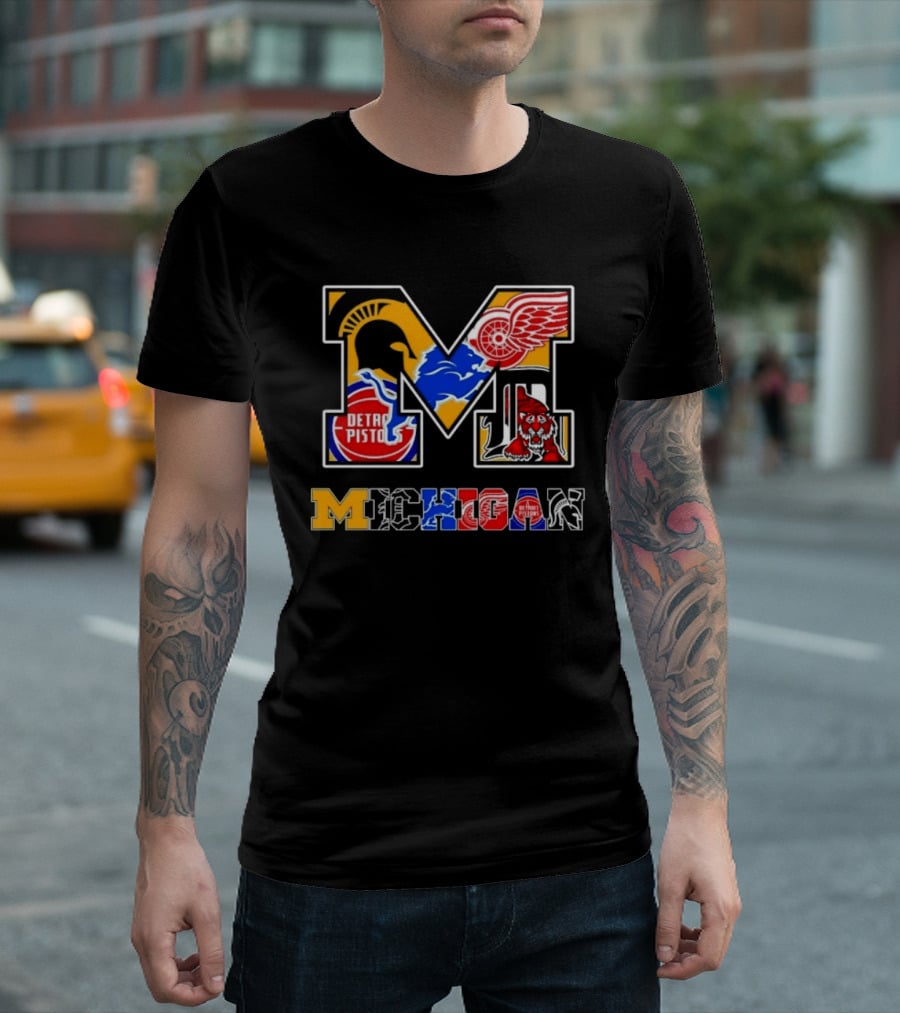 Michigan Sports Team Logos Mashup Detroit Pistons Red Wings Lions Spartans Tigers T-Shirt