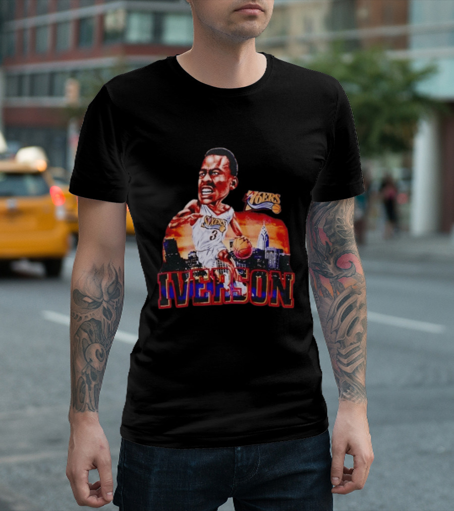 Allen Iverson 76ers Caricature With Philadelphia Skyline T-Shirt