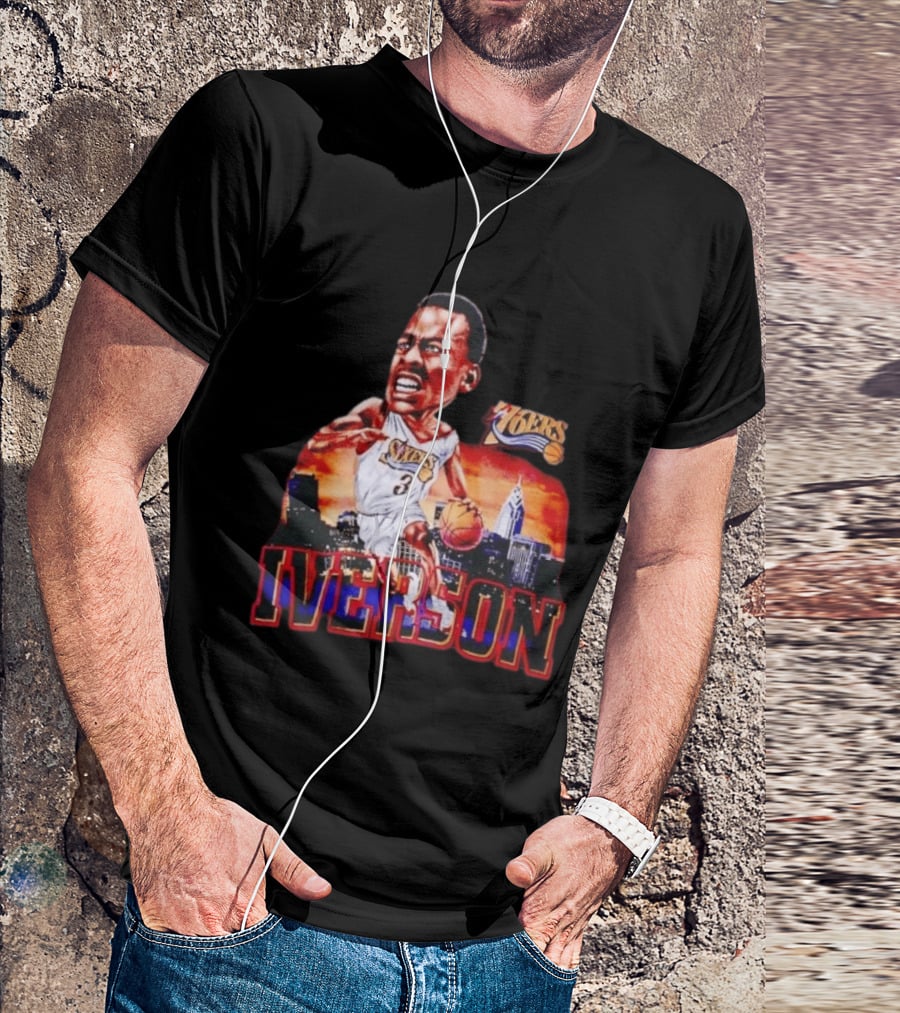 Allen Iverson 76ers Caricature With Philadelphia Skyline T-Shirt