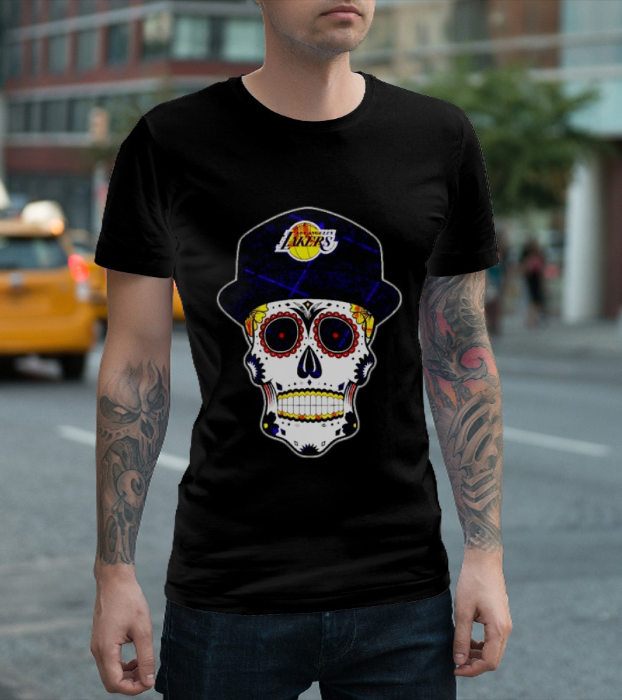 Los Angeles Lakers Sugar Skull Día De Muertos Hat Butterfly T-Shirt