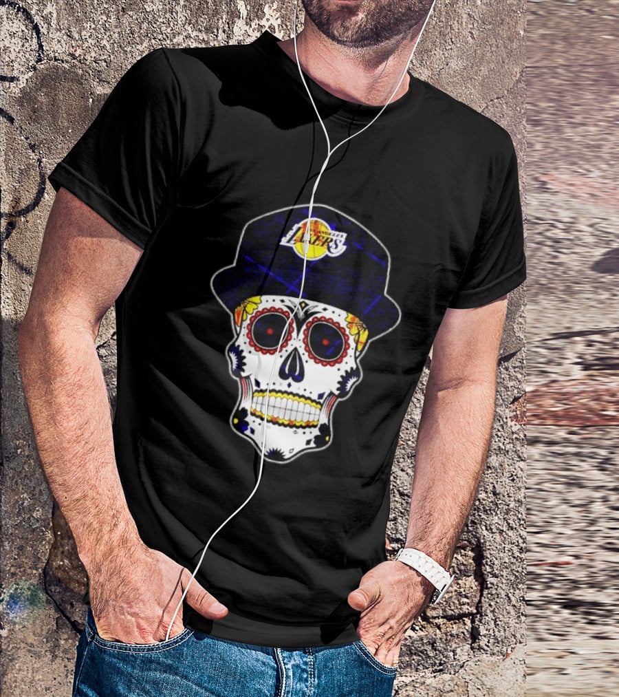 Los Angeles Lakers Sugar Skull Día De Muertos Hat Butterfly T-Shirt