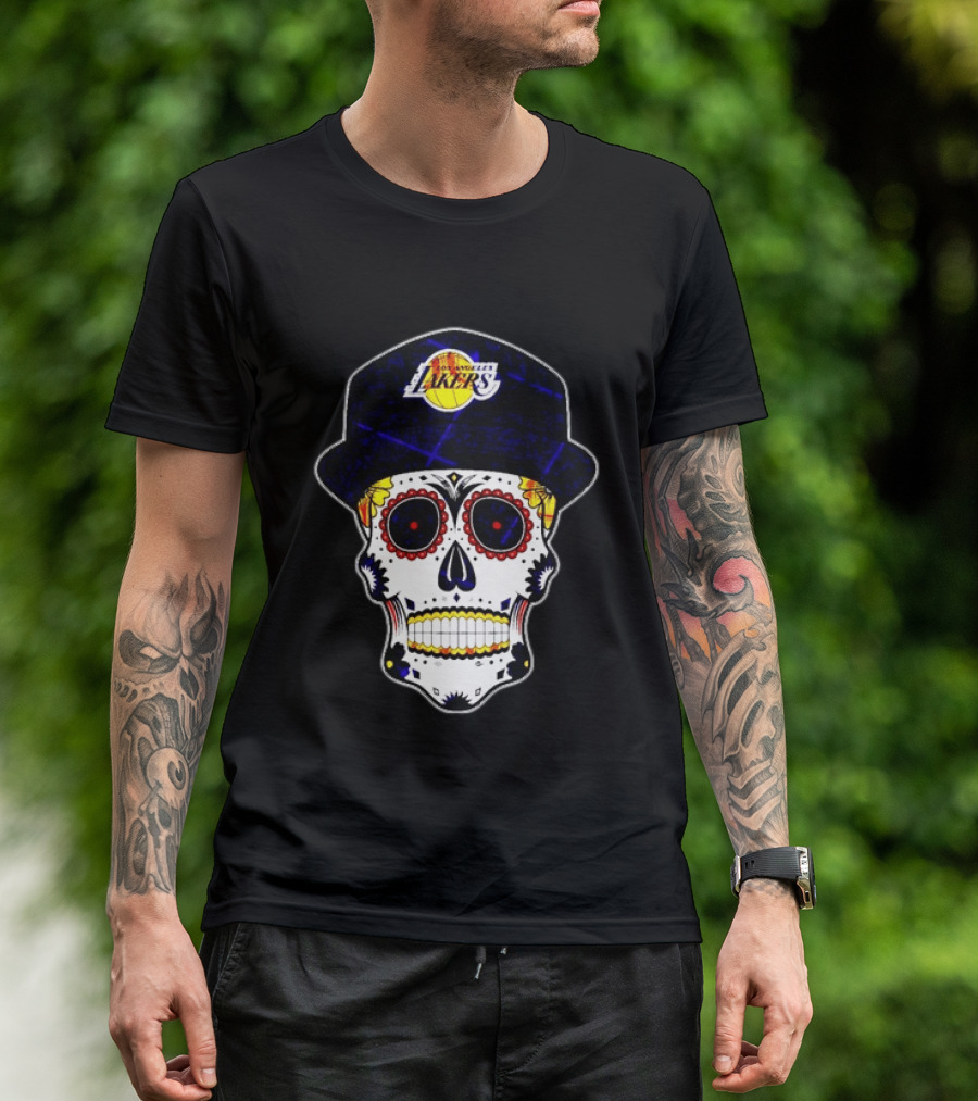 Los Angeles Lakers Sugar Skull Día De Muertos Hat Butterfly T-Shirt