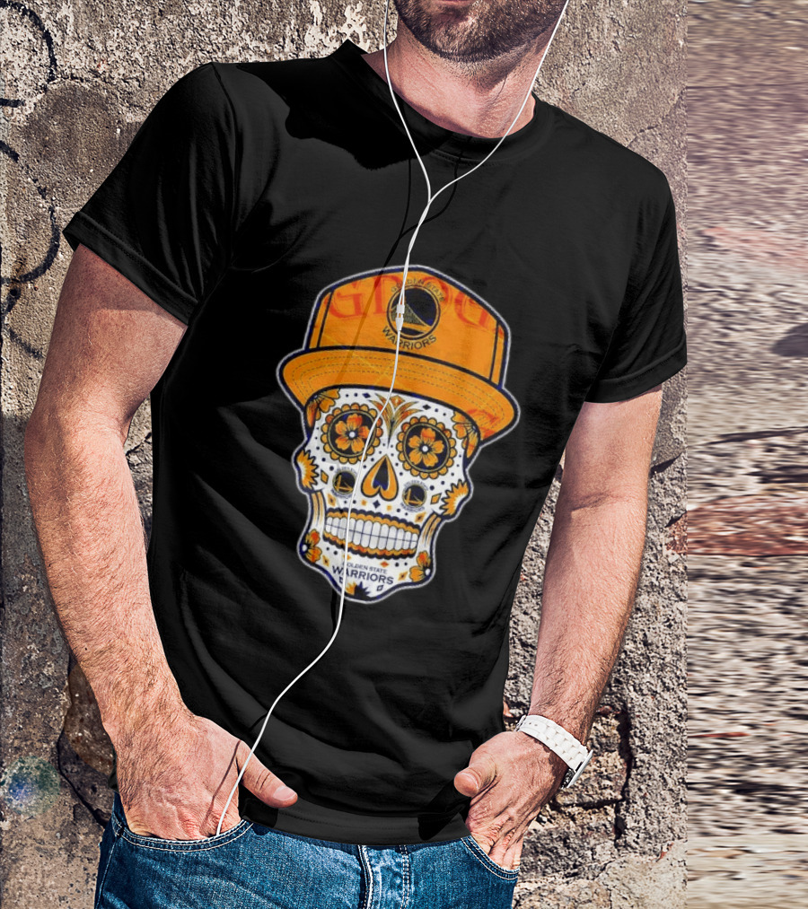 Golden State Warriors Sugar Skull Día De Muertos Cap And Floral T-Shirt