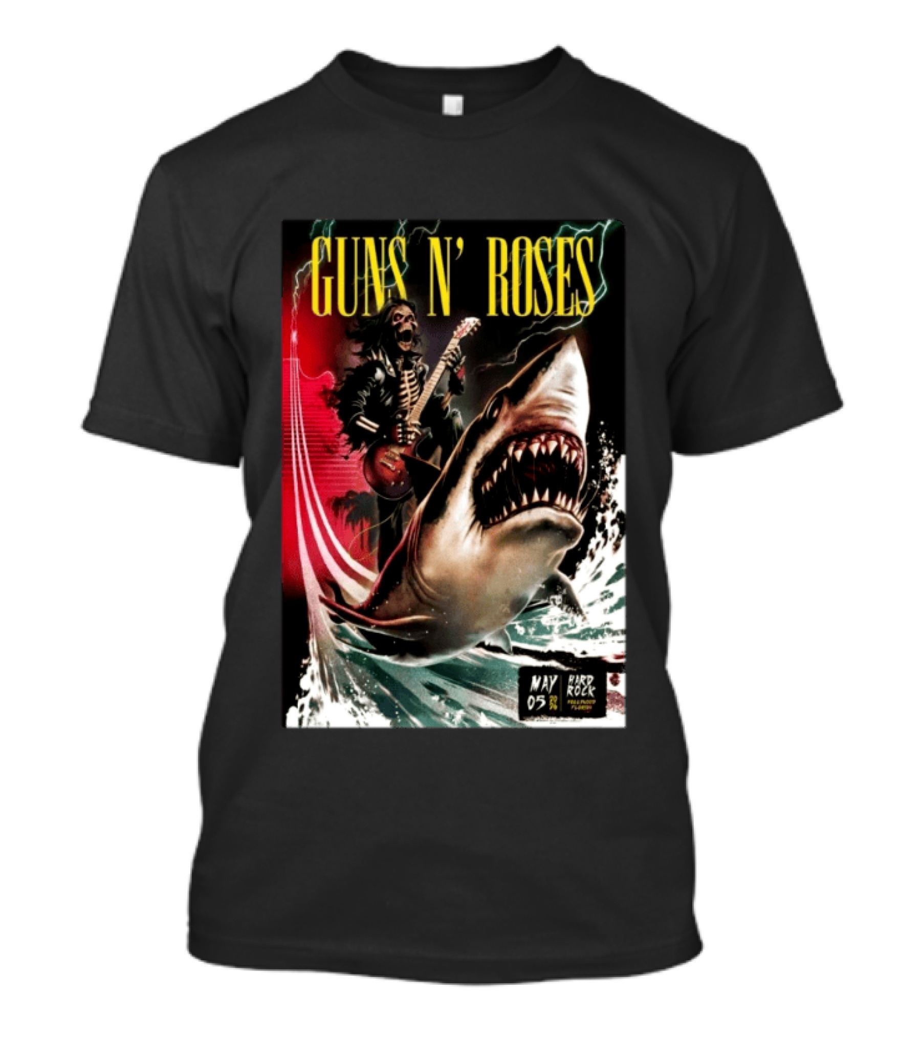 Guns N' Roses May 05 2026 Hard Rock Live Hollywood Concert Skeleton Guitarist Shark Wave T-Shirt