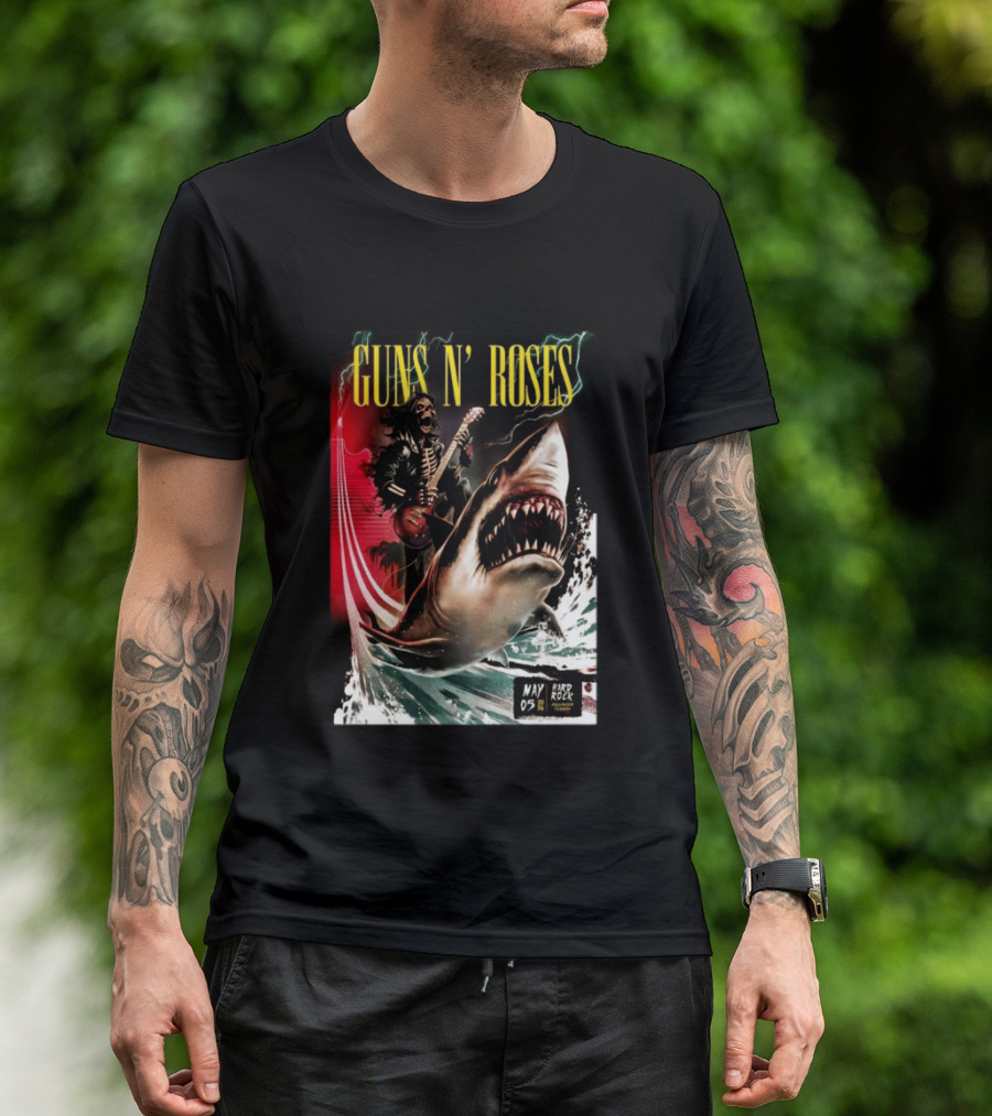 Guns N' Roses May 05 2026 Hard Rock Live Hollywood Concert Skeleton Guitarist Shark Wave T-Shirt