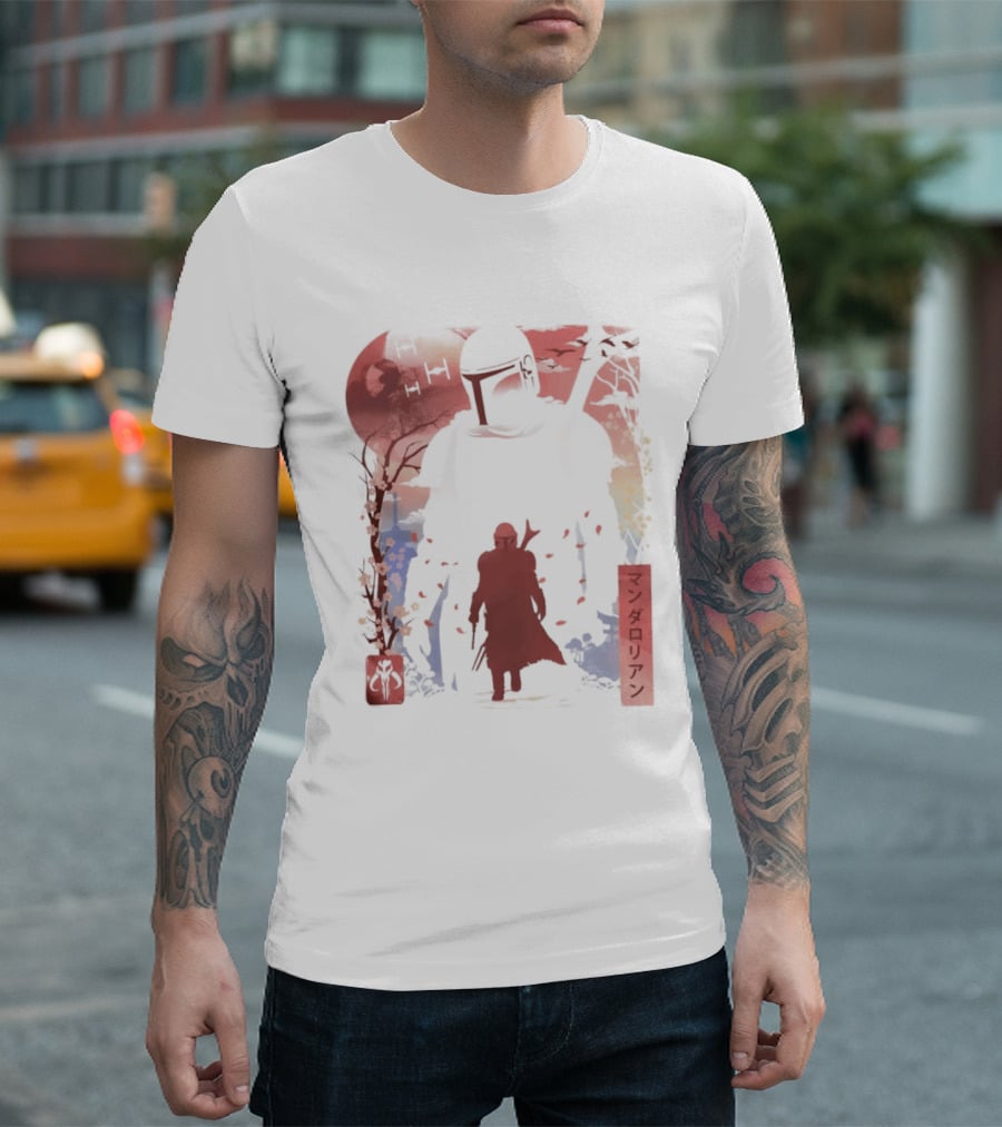 Lone Gunfighter Mandalorian Creed Japanese Text Star Wars Art Red Blue Yellow T-Shirt