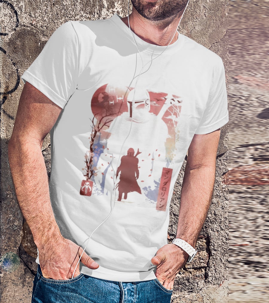 Lone Gunfighter Mandalorian Creed Japanese Text Star Wars Art Red Blue Yellow T-Shirt