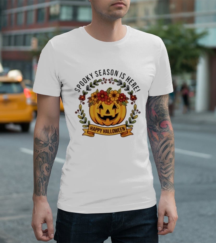Spooky Season Is Here Happy Halloween Pumpkin With Flowers T-Shirt