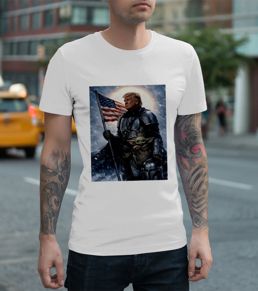 Donald Trump As The Mandalorian Holding American Flag With Grogu Star Wars T-Shirt