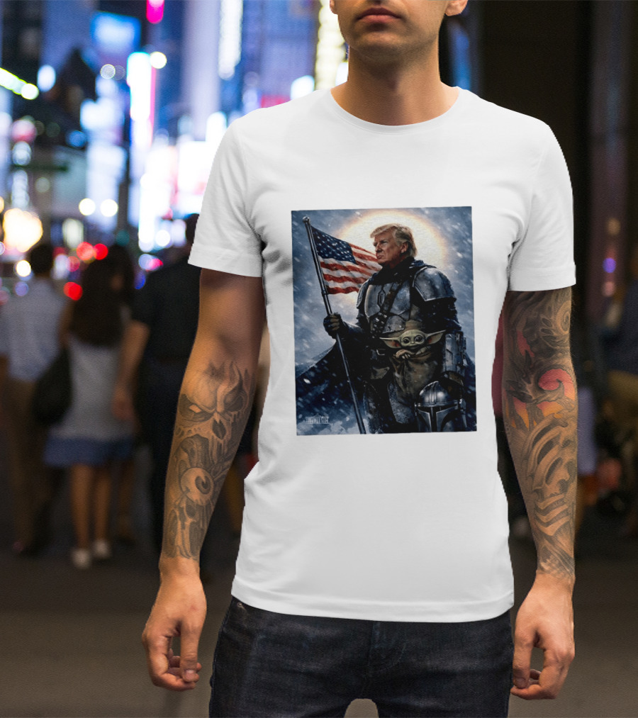 Donald Trump As The Mandalorian Holding American Flag With Grogu Star Wars T-Shirt