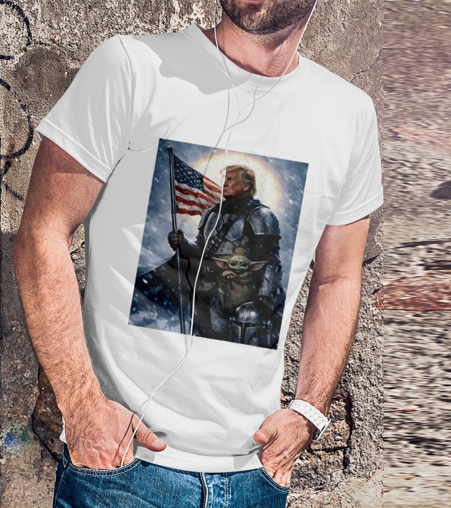 Donald Trump As The Mandalorian Holding American Flag With Grogu Star Wars T-Shirt