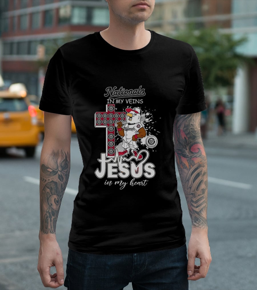 Nationals In My Veins Jesus In My Heart Baseball Cross Christian T-Shirt