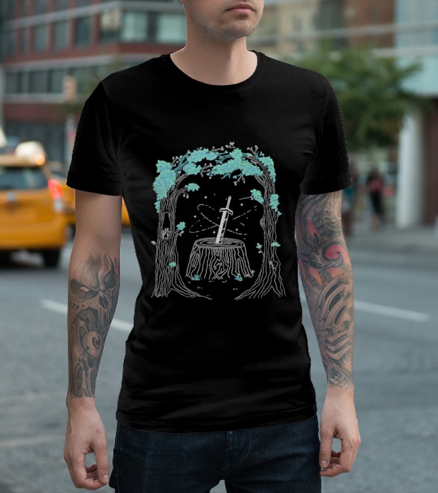 Mythical Golden Sword In Stone Amid Enchanted Forest Mythicality 2026 T-Shirt
