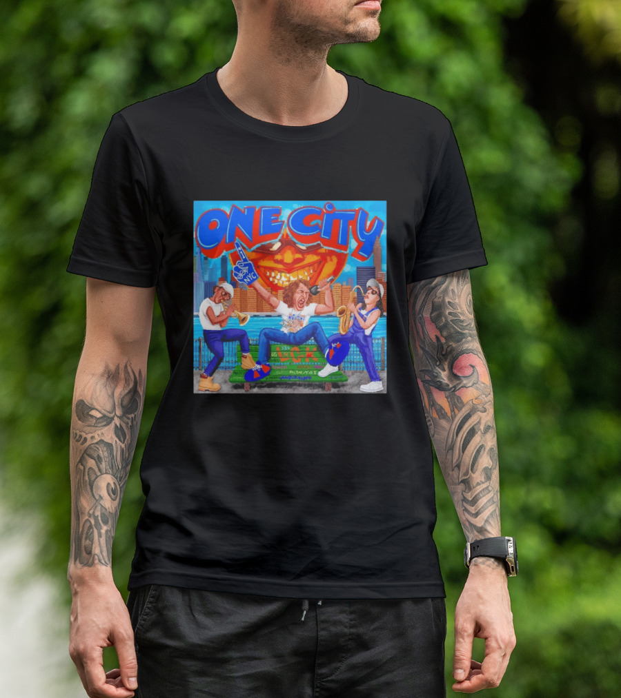 ONE CITY NYC DugLust Jazz Trio Band Performing In New York City With Skyscrapers And Music Players T-Shirt