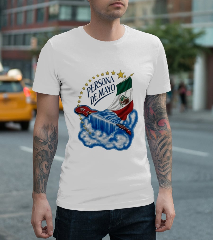 Persona De Mayo Mexican Flag Guitar Waterfall Stars T-Shirt