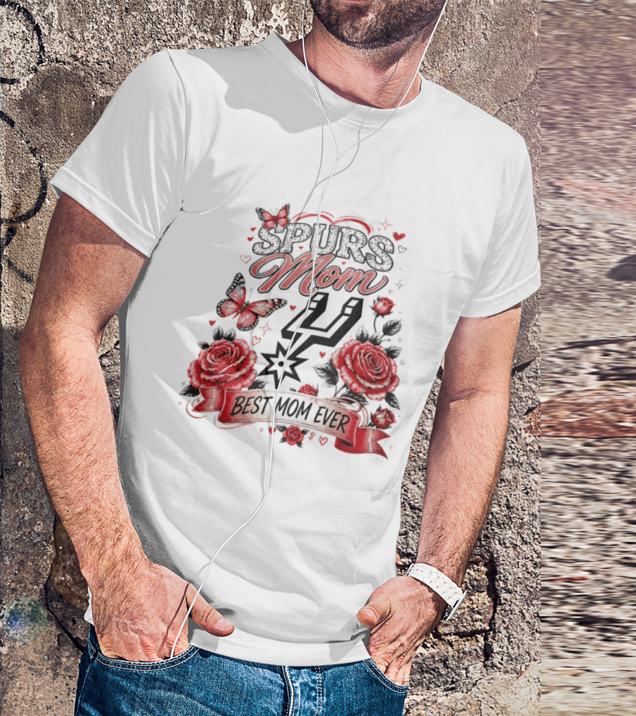San Antonio Spurs Mom Best Mom Ever Mother's Day Flowers And Butterfly T-Shirt