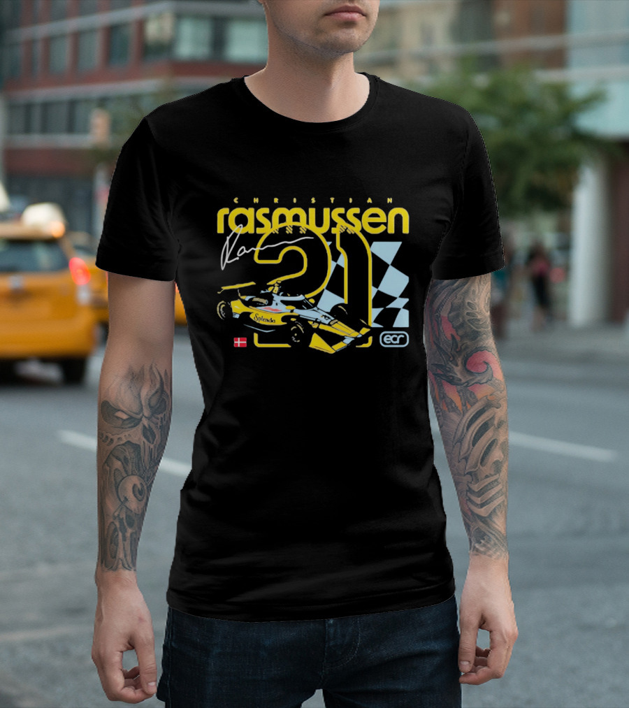 Christian Rasmussen ECR Number 21 Racing Splendor Denmark Flag Checkerboard T-Shirt