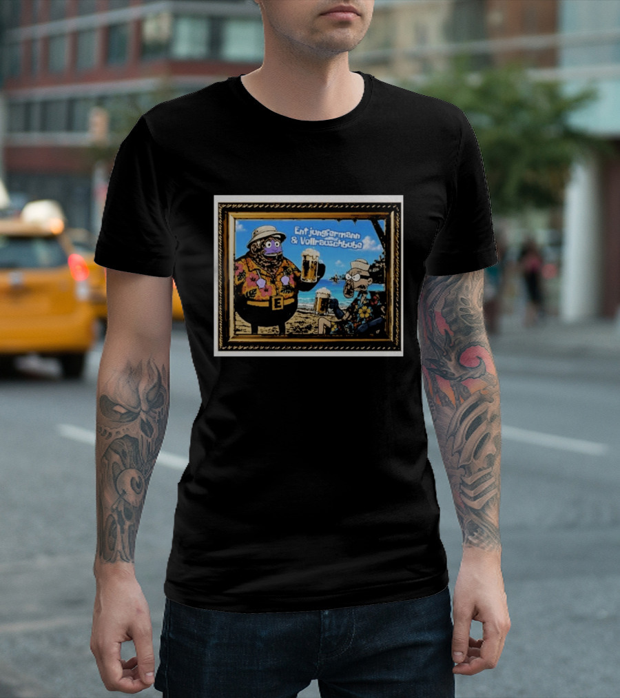 Entjungfermann And Vollrauschbube Tropical Beach Cartoon Characters Cheers With Beer T-Shirt
