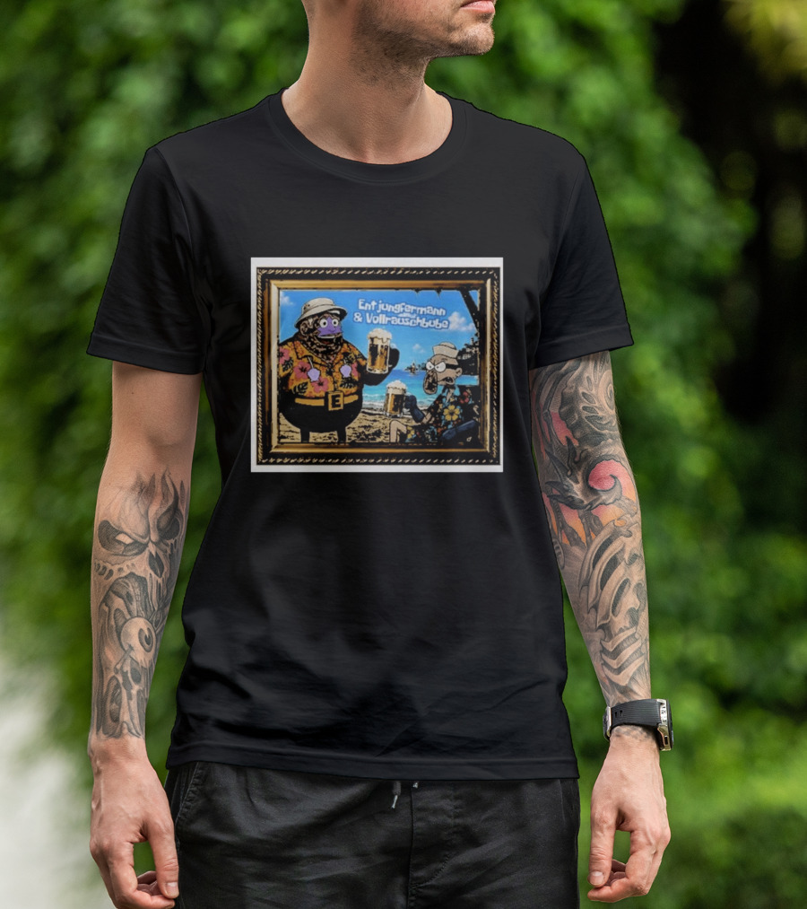 Entjungfermann And Vollrauschbube Tropical Beach Cartoon Characters Cheers With Beer T-Shirt