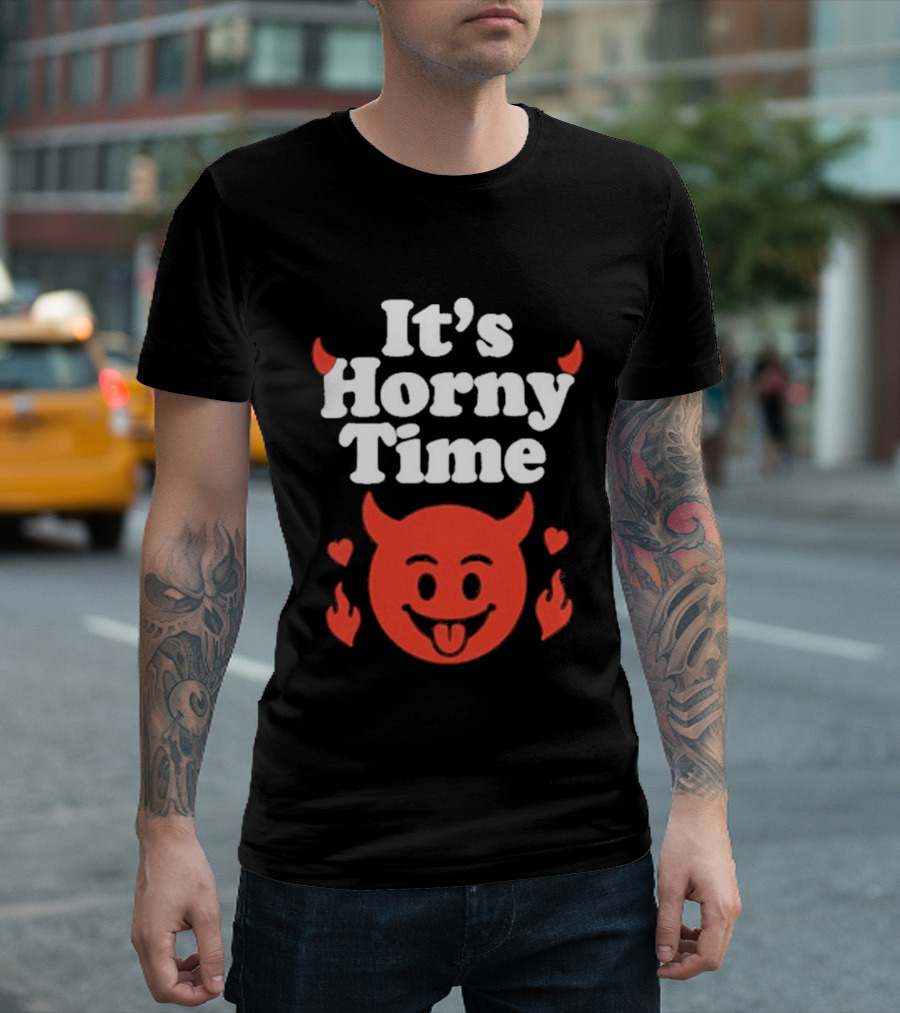 It's Horny Time Devil Red Face With Flames And Hearts T-Shirt