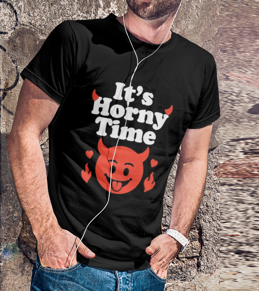 It's Horny Time Devil Red Face With Flames And Hearts T-Shirt