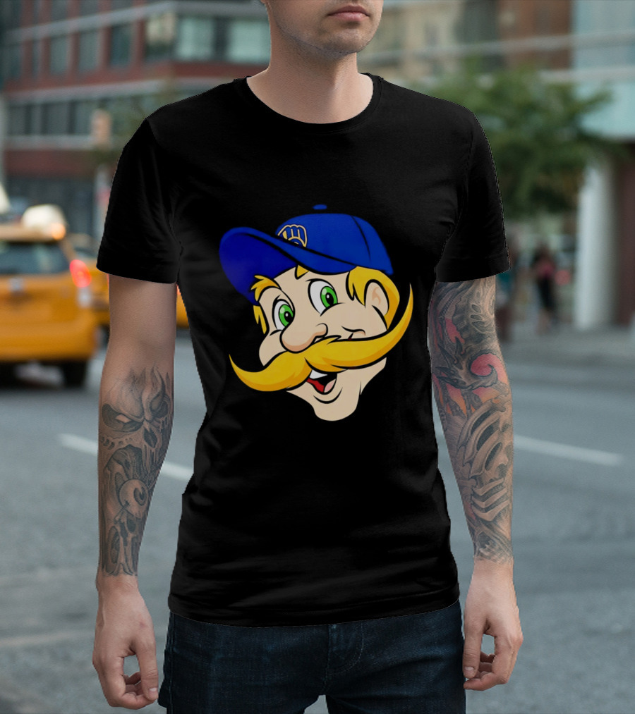 Milwaukee Brewers Big Face Mascot With Blue Cap And Mustache T-Shirt