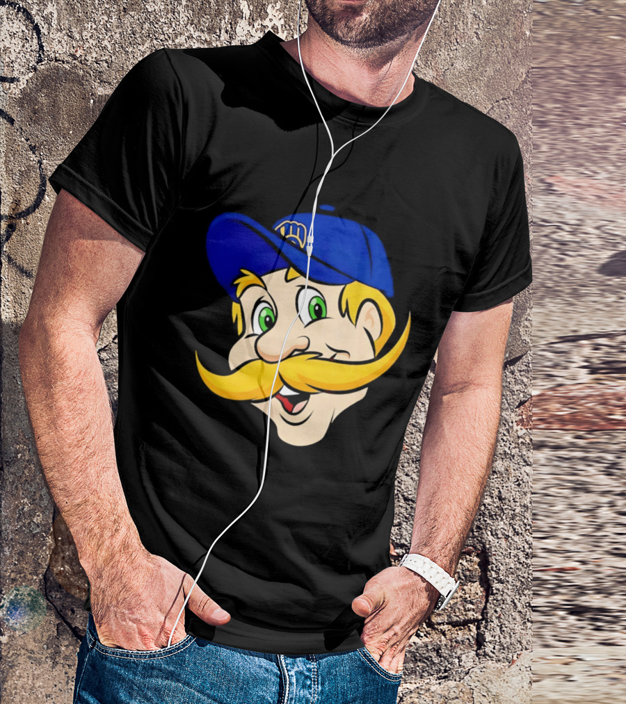 Milwaukee Brewers Big Face Mascot With Blue Cap And Mustache T-Shirt