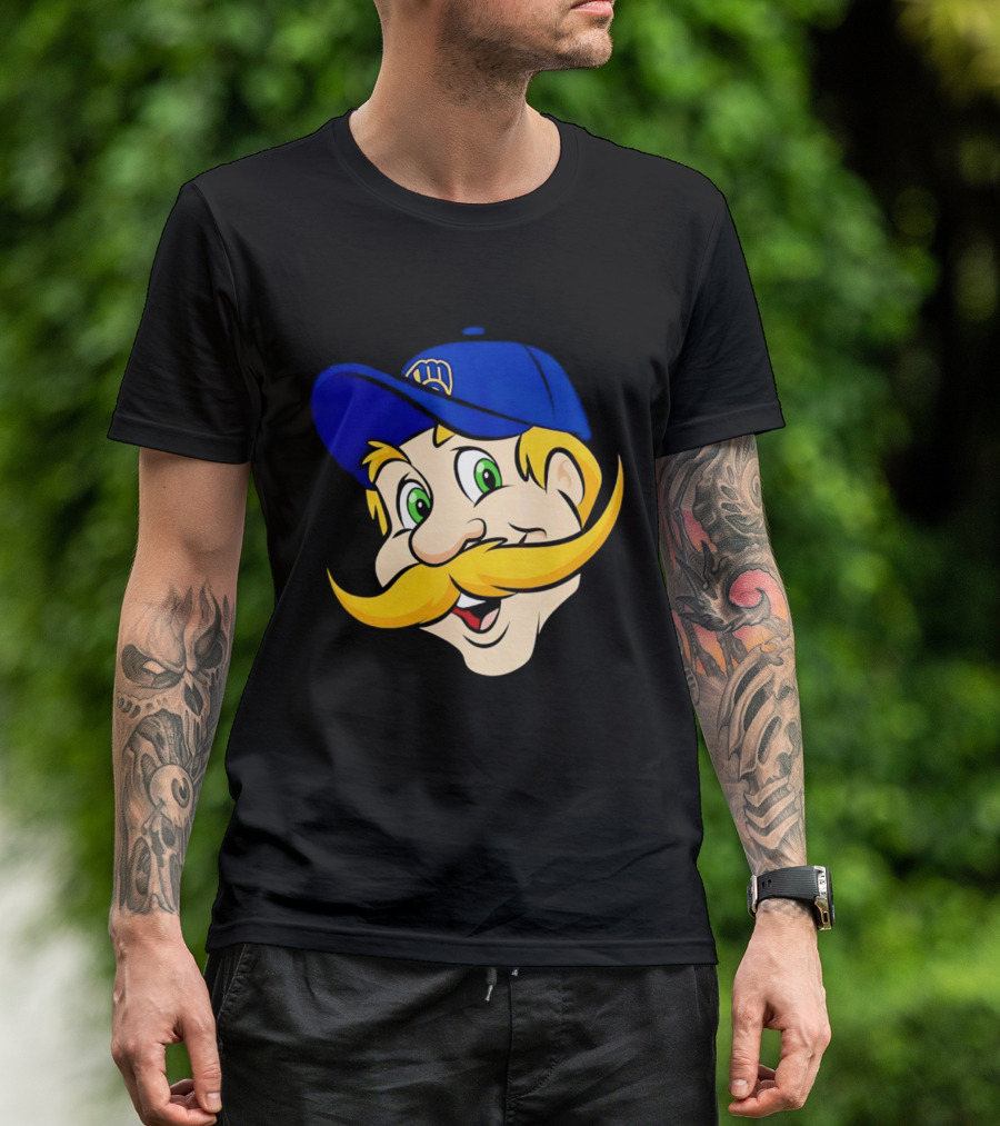 Milwaukee Brewers Big Face Mascot With Blue Cap And Mustache T-Shirt