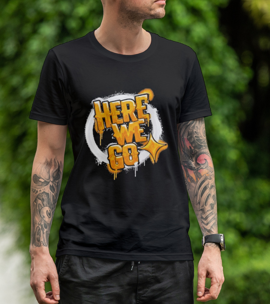 Pittsburgh Steelers Here We Go Yellow Graffiti Text With Star T-Shirt