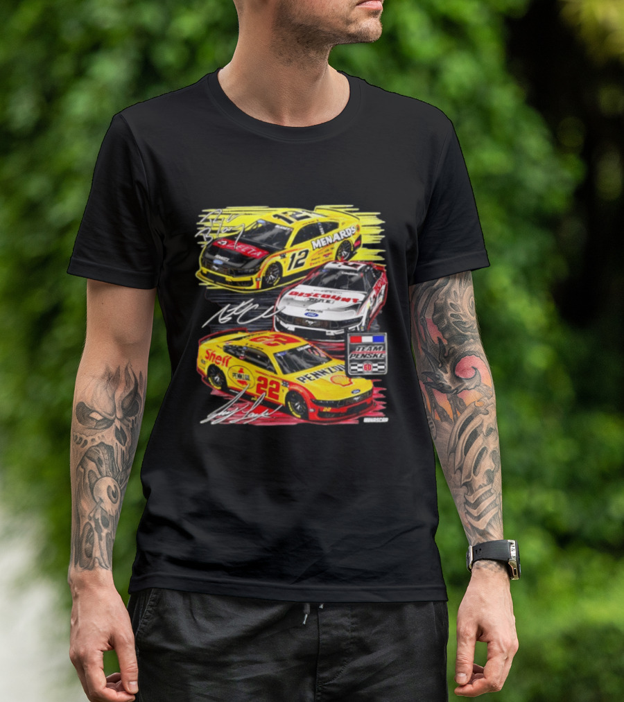 Team Penske 60th Anniversary NASCAR Racing Cars With Menards Shell Pennzoil Discount Tire Sponsors And Driver Signatures T-Shirt