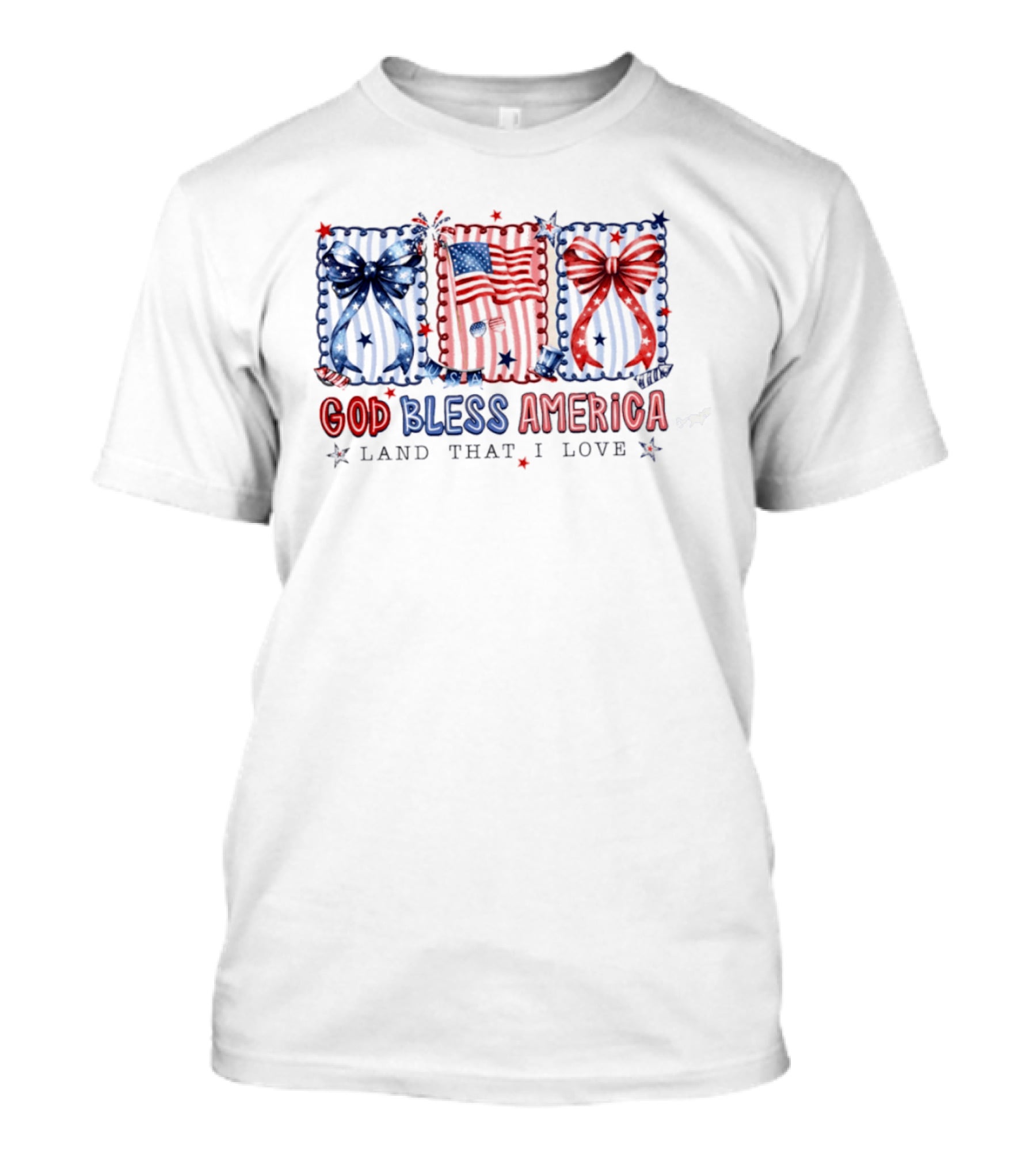 Coquette God Bless America Land That I Love Patriotic Fourth Of July Bows And Flags T-Shirt