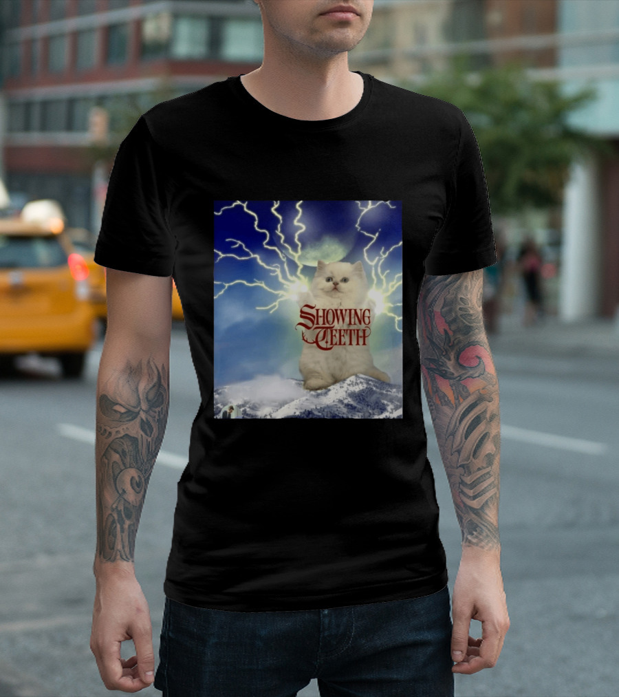 Showing Teeth Cat With Lightning Background In Blue Sky T-Shirt