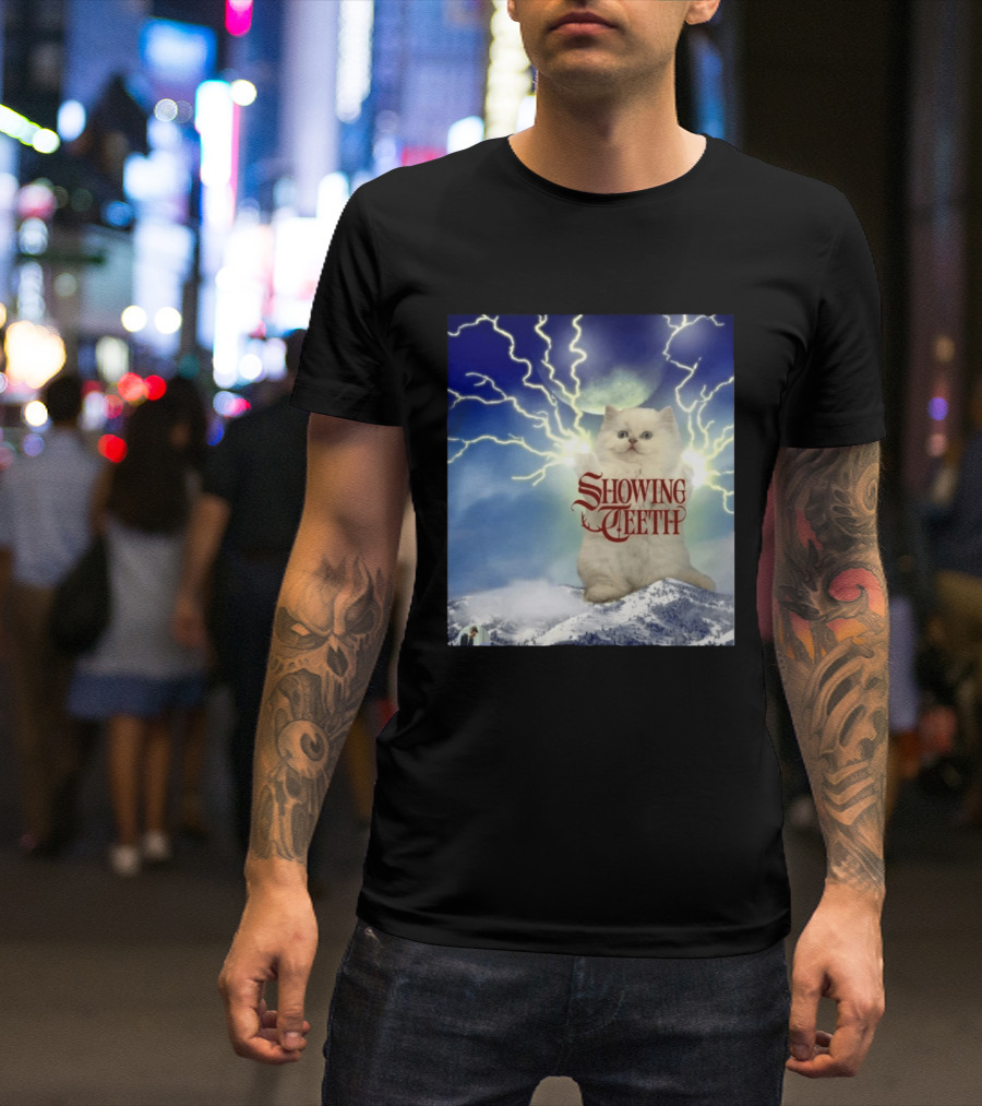 Showing Teeth Cat With Lightning Background In Blue Sky T-Shirt