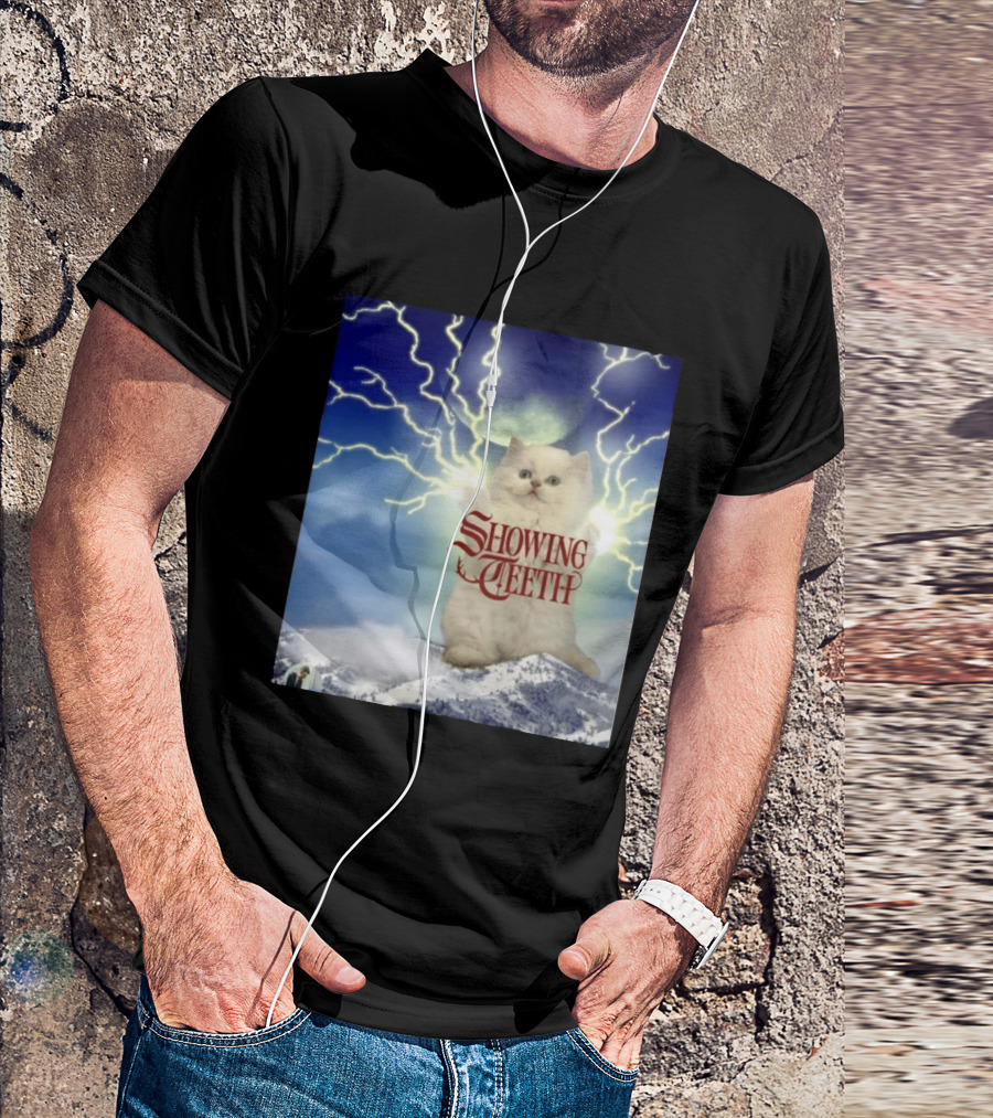 Showing Teeth Cat With Lightning Background In Blue Sky T-Shirt