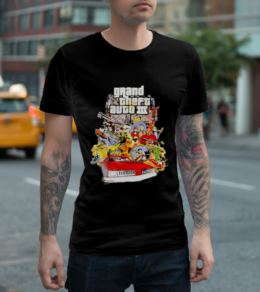 Grand Theft Auto III Characters Action Collage With Iconic Red Car T-Shirt