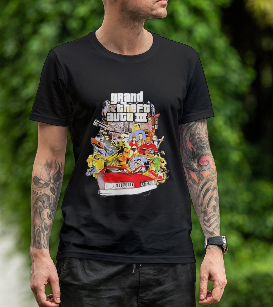 Grand Theft Auto III Characters Action Collage With Iconic Red Car T-Shirt