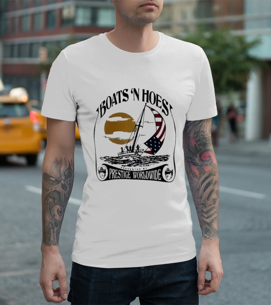 Boats N Hoes Prestige Worldwide USA Flag Sailing Sun Ocean T-Shirt