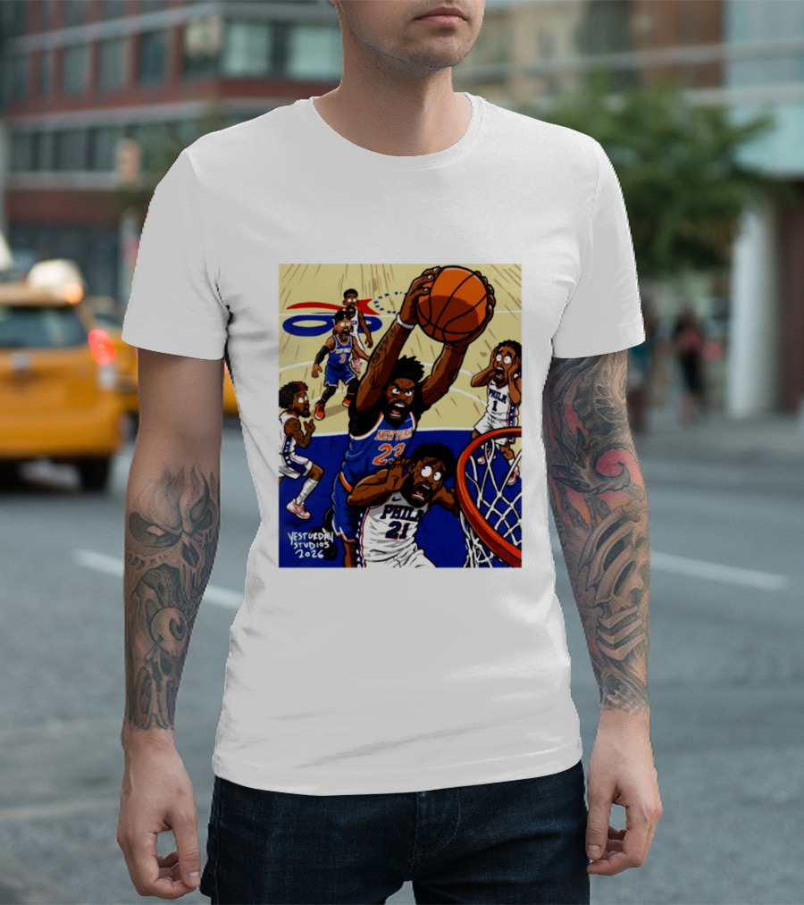New York Knicks Mitchell Robinson Dunking On Philadelphia Joel Embiid Caricature 2026 Basketball Action T-Shirt