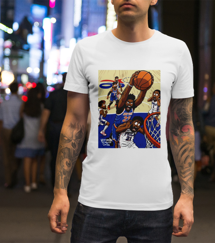 New York Knicks Mitchell Robinson Dunking On Philadelphia Joel Embiid Caricature 2026 Basketball Action T-Shirt