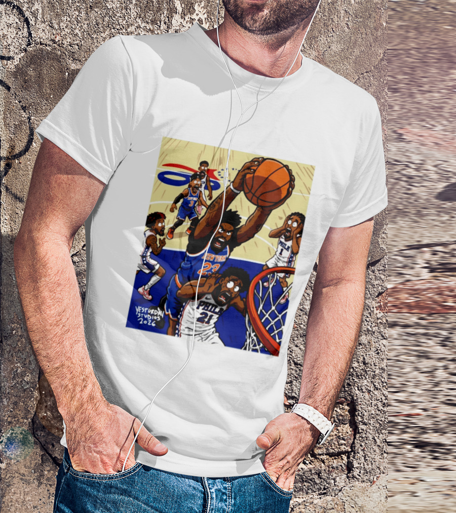 New York Knicks Mitchell Robinson Dunking On Philadelphia Joel Embiid Caricature 2026 Basketball Action T-Shirt