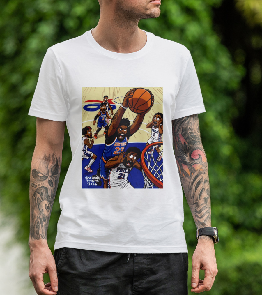 New York Knicks Mitchell Robinson Dunking On Philadelphia Joel Embiid Caricature 2026 Basketball Action T-Shirt