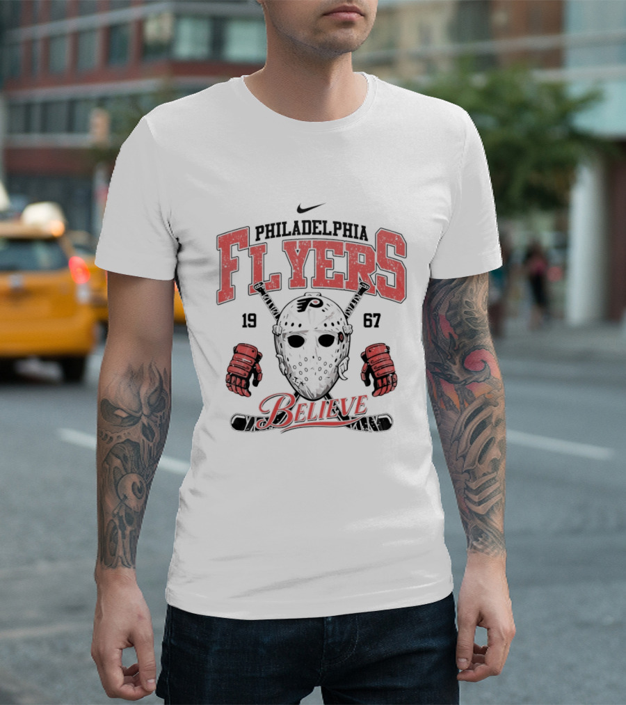 Philadelphia Flyers 1967 Believe Hockey Mask And Gloves T-Shirt